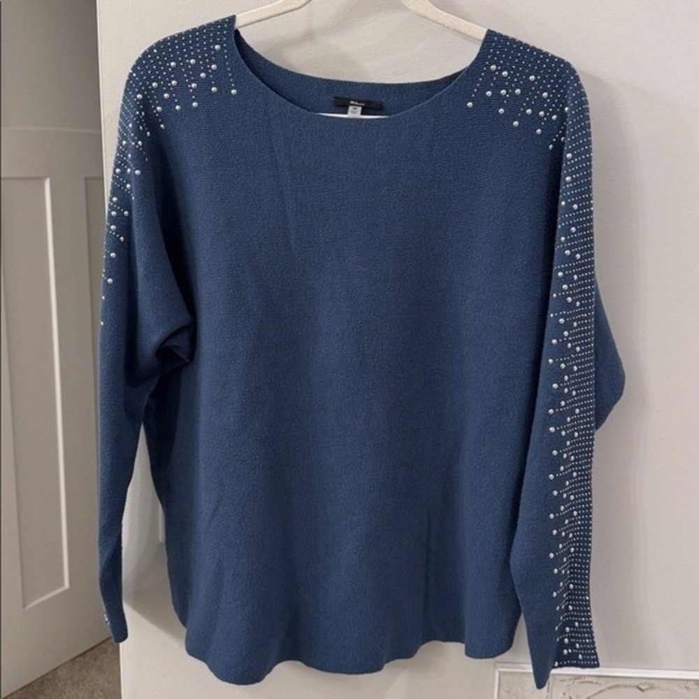 Milano Womens Blue Studded Shoulder Long Sleeve Knit Sweater Size Medium